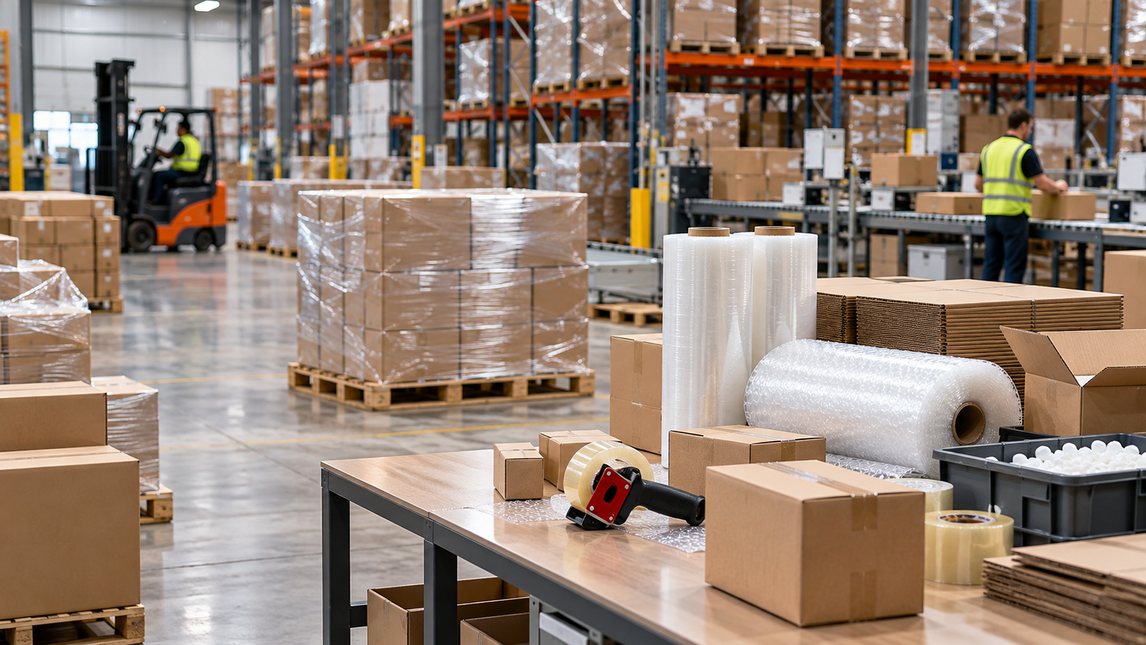 Industrial packaging materials and palletized goods in a warehouse distribution operation