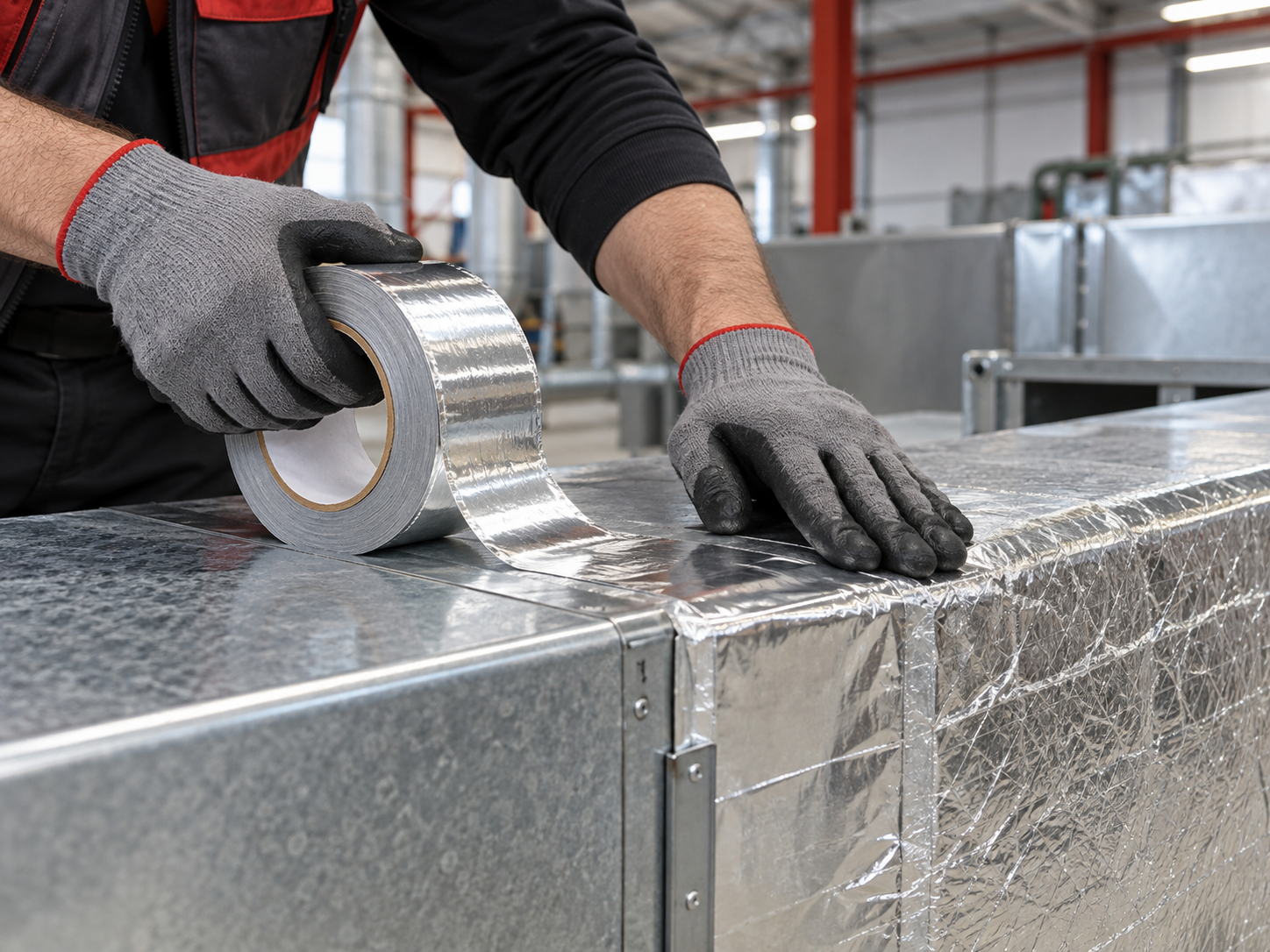 Aluminum foil tape applied to insulated HVAC ductwork for industrial sealing