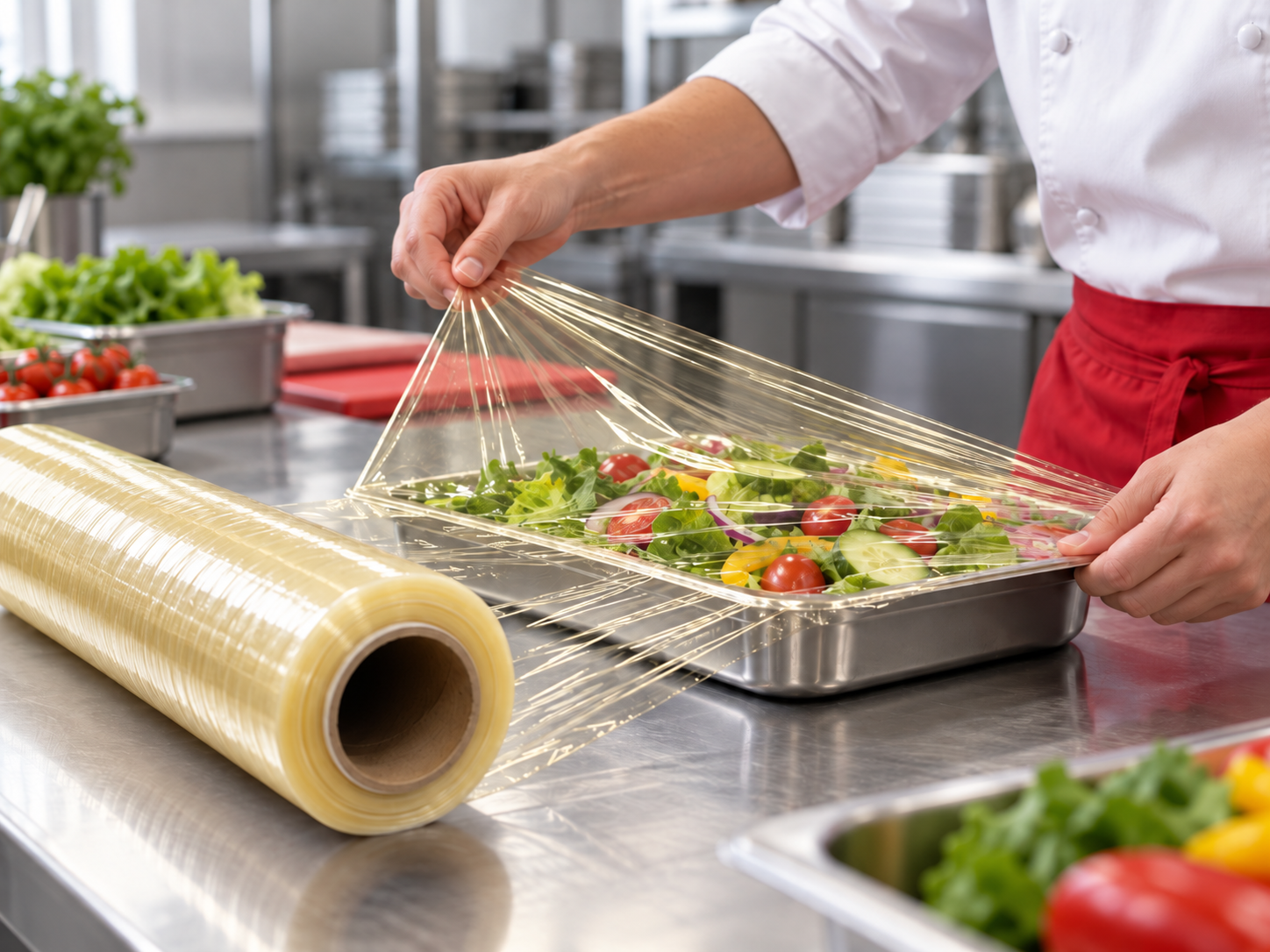 JSSC cling film used to cover fresh food in a professional kitchen