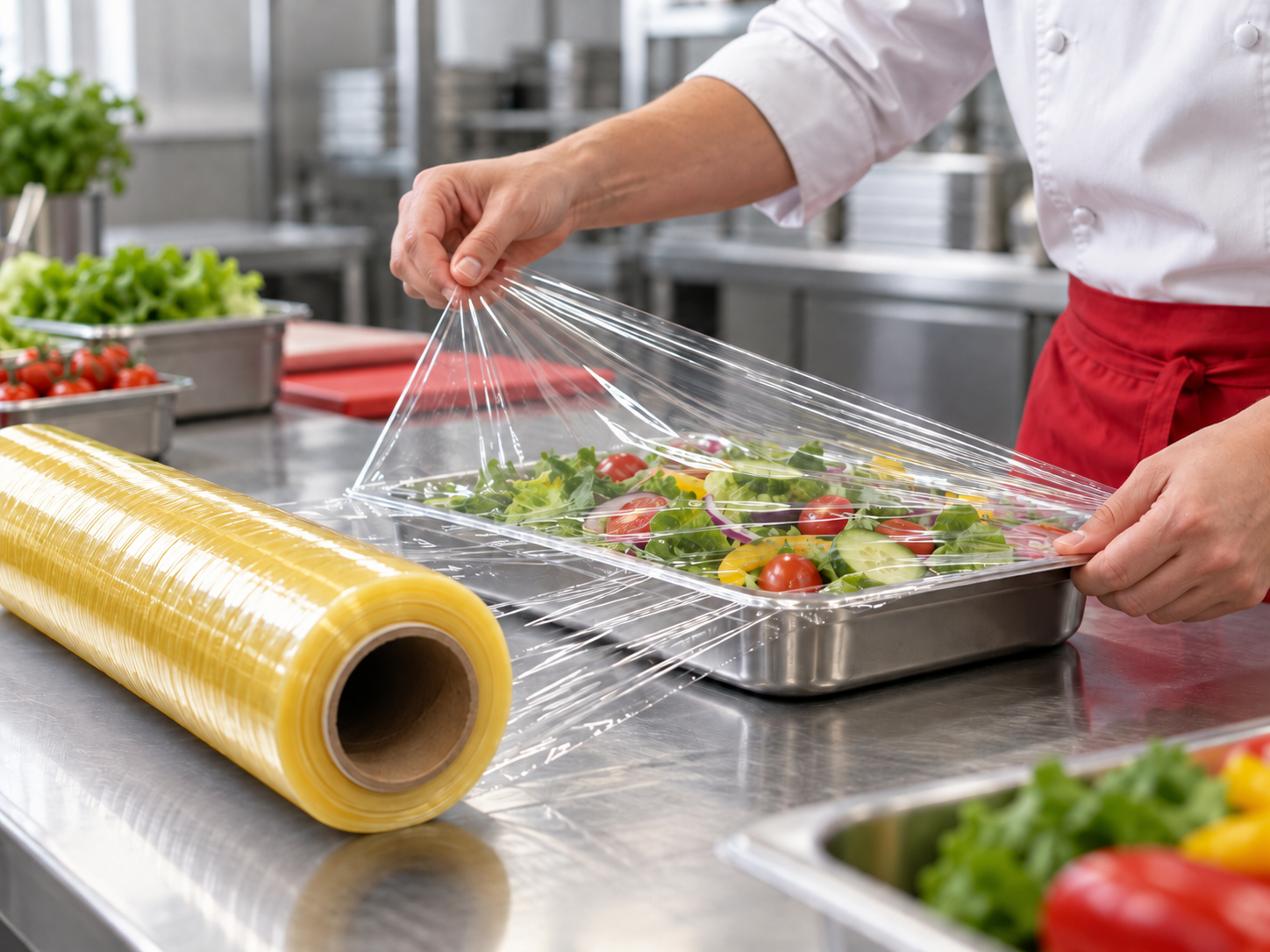JSSC cling film used to cover fresh food in a professional kitchen