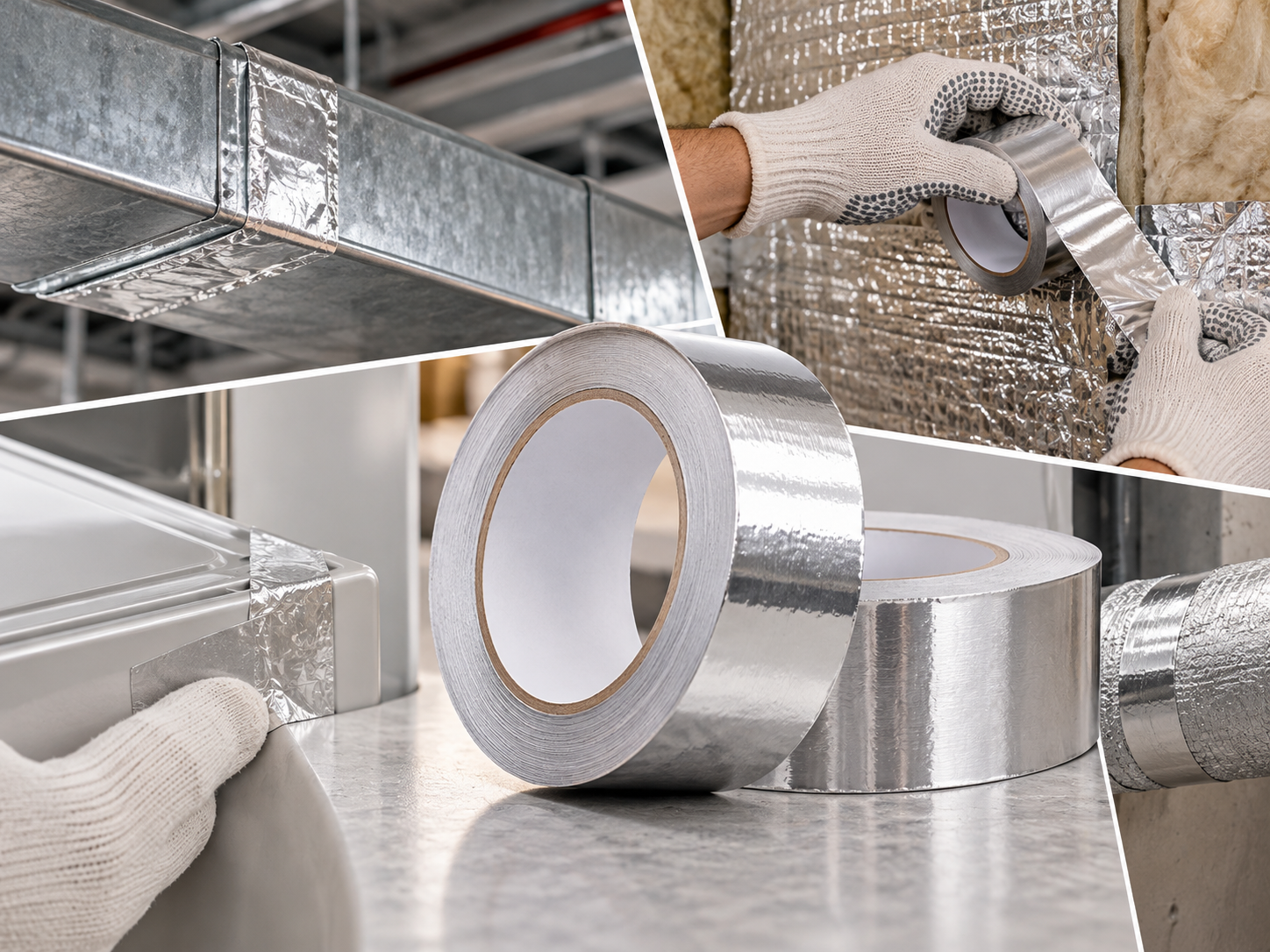 Aluminum foil tape shown in practical industrial sealing and insulation applications