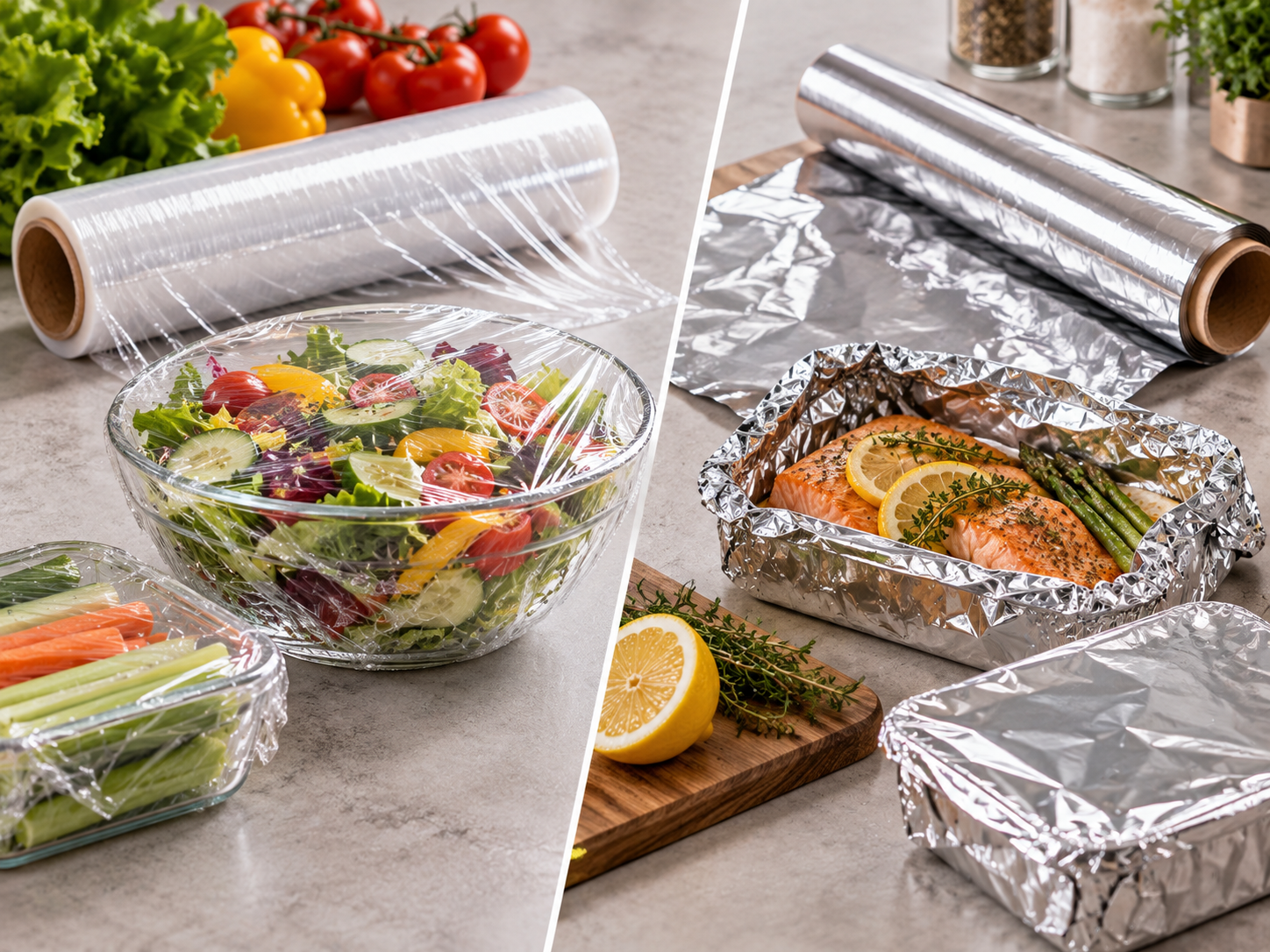 Cling film and aluminum foil used for different food wrapping and preparation applications