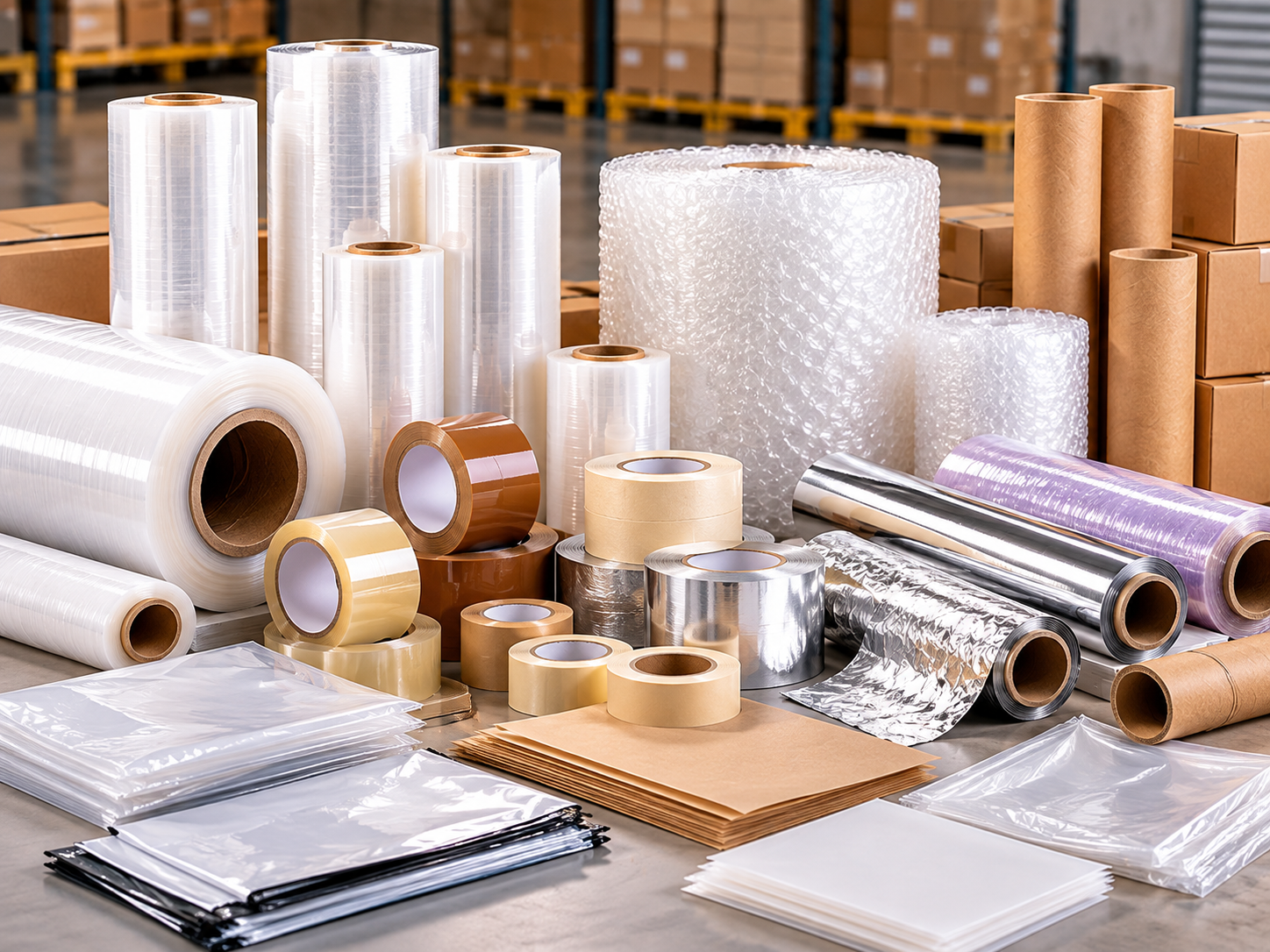JSSC packaging product range including films, tapes, foil, bubble wrap, bags, and paper cores
